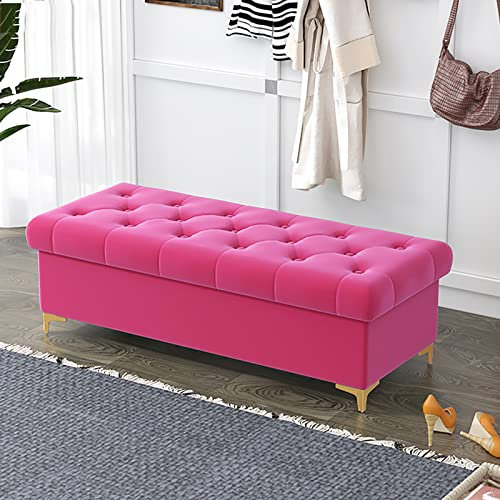 LAMEDOAT Luxuriöse Ottomane-Bank Mit Stauraum,Samt Gepolsterte Aufbewahrungsbank Ende Der Bettbank,Moderne Aufbewahrungstruhe Ottomane-Bank Für Schlafzimmer Wohnzimmer-Rosa 80x40x40cm(31x16x16inch)