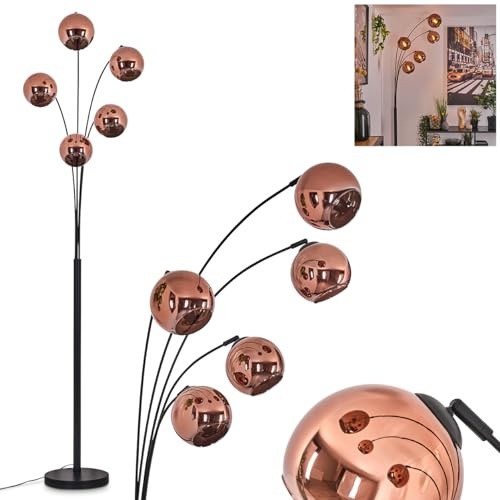 Stehleuchte Koyoto, Stehlampe aus Metall/Glas in Schwarz/Kupferfarben, Leuchte im Retro/Vintage-Design mit Schirmen aus Glas (Ø 15 cm) u. Fußschalter, Höhe 210 cm, 5 x E14, ohne Leuchtmittel
