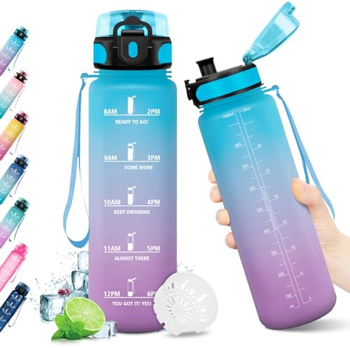 KollyKolla Borraccia 1L Motivazionale, Borraccia con Orari per Bere, senza BPA, Borraccia Sportiva a Prova di Perdite, Bottiglia Acqua 1 Litro per Adulto, Bambini, Palestra, Lavoro, Bici, Gym