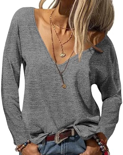 Fisoew Damen Langarmshirt Sexy Oberteile mit V-Ausschnitt Oversized Basic Longshirt Lose Einfabrig Langarm T-Shirt(Grau, L)
