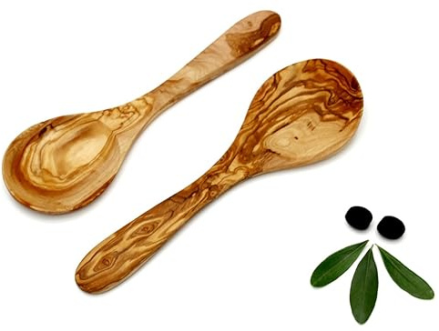 DAGDEG Juego de 2 cucharas de arroz de madera de olivo, cucharas de verduras, cucharas para servir, cucharas de cocina, espátula de arroz, cuchara de risotto, aprox. 27 cm (madera de olivo, juego de 2