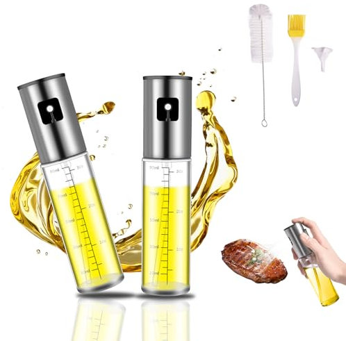 XIKAYA Ölsprühflasche Edelstahl (2er Pack) - Küchenspray für Öl zum Grillen, Backen und Salat | Tropffrei, Wiederbefüllbar