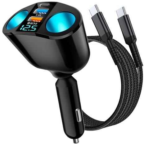 Car Charger with USB C Cable, 12V-24V Cigarette Lighter Adapter, Dual USB Car Charger Fast Charge Cigarette Lighter Splitter Power Adapter for Phones/iPad/Tablets/GPS/Vehicle Devices