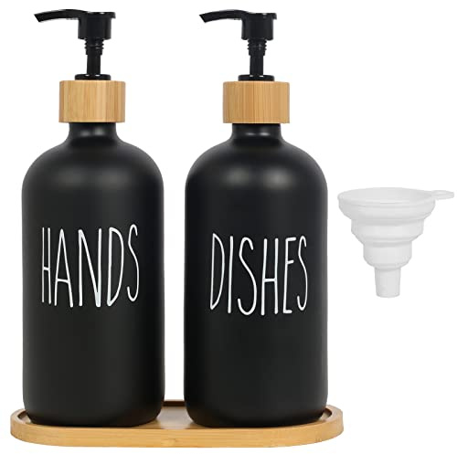 Luabue 2Pcs 500ml Soap Dispenser Kitchen Hand and Dish Wash Dispenser | Black Washing Up Liquid Dispenser Glass Soap Dispenser with Bamboo Pump & Tray & Funnel for Kitchen Bathroom Countertop