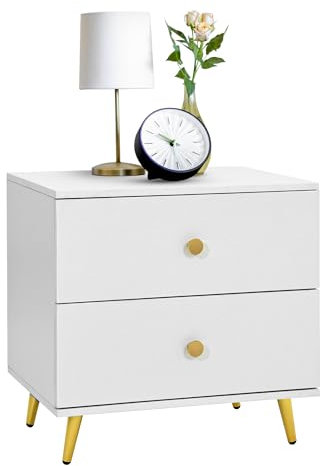 YITAHOME Nachttisch, Nachtschrank Weiß mit 2 Schublade, Nachtkästchen mit Metallbeine Nachtschrank Moderner Beistselltisch Sofatisch, Nachttischschrank für Schlafzimmer, Wohnzimmer 59 x 43 x 59 cm