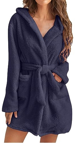 Bademantel Damen Kurz mit Kapuze Oversized Morgenmantel Leicht Frottee Saunamantel Flauschig Loungewear Fleece Hausmantel Kimono Bathrobe Herbst Winter Frottier-Bademantel Baumwolle Frotteekleid S-5XL