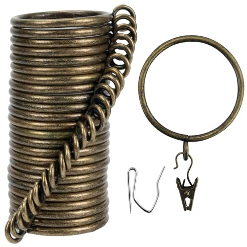 Lot de 25 anneaux de rideau et clips de tringle à rideaux - Diamètre intérieur : 50 mm - Anneaux de tringle à rideaux - Crochets et clips - Pour deux rideaux standard - Bronze