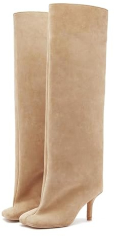 DOBOYG Suede Knee High Boots for Women Square Toe Nude Boots for Women Pull On Kitten Heel Boots Womens Tall Boots Wide Calf Stiletto Long Boots 6.5