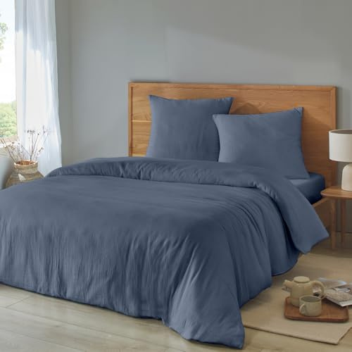 Duquennoy & Lepers - Parure de Lit Double Gaze de Coton - Housse de Couette 260×240 CM avec Boutons + 2 Taies – Tissu 71 Fils, 145 g/m² - Douce, Aérée et Élégante - Oeko-TEX® - Bleu