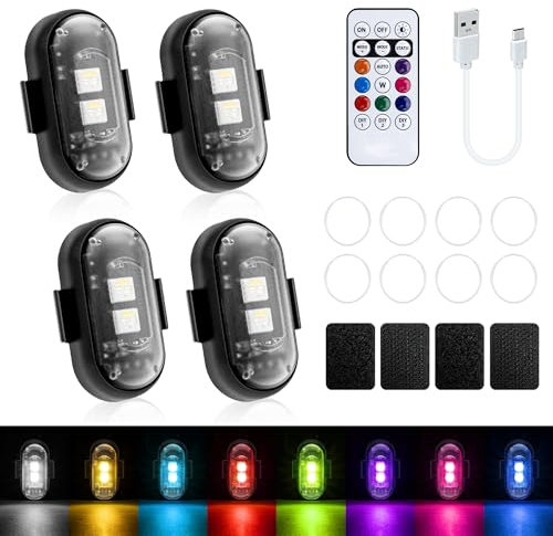 Mcbazel 4PCS LED Car Strobe Lights with Remote Control,Wireless LED Ambient,8 Colors USB Rechargeable Waterproof Flashing Warning Lights for Car Drone Motorcycle Bike Truck