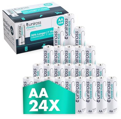 Uniross Power Plus AA and AAA Batteries, Long-Lasting Alkaline Power. 7 Year Shelf Life. Leak Proof. (AA (24 Pack))