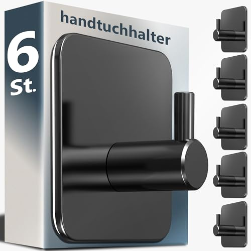 4smile Handtuchhalter ohne Bohren, Klassisch, 6 Stück, Schwarz | Badezimmer Handtuchhalter, wasserfeste Klebehaken für Bad, WC, Küche - selbstklebende, rostfreie Haken als Handtuchhaken