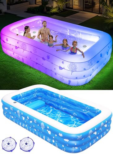Inflatable Pool with Seat and Pool Lights, Durable Thickened Large Size Inflatable Pools for Adults Blow Up Pools,100 x 63 x 22Swimming Inflatable PooI for Backyard,Outdoor (White)