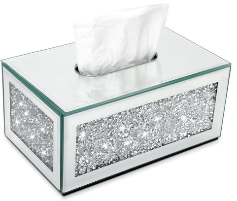 AAZZKANG Funda para caja de pañuelos, soporte rectangular de cristal triturado para caja de pañuelos, dispensador de servilletas decorativo de lujo plateado para baño, encimera, dormitorio, sala de
