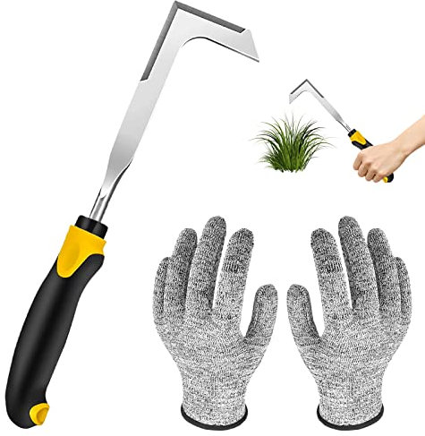 Unkrautmesser Fugenkratzer Edelstahl, Fugenkratzer mit Stiel, Unkrautstecher zum Entfernen von Moos und Unkraut in Plattenfugen, mit Einem Paar Handschuhe, Fugenkratzer Unkraut Garten