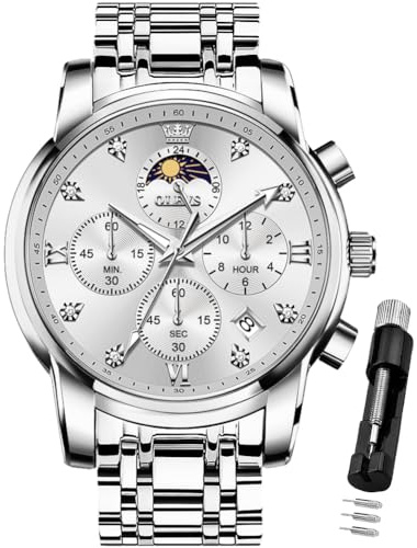 OLEVS Watch for Men Diamond Business Dress Analog Quartz Stainless Steel Waterproof Luminous Date Two Tone Luxury Casual Wrist Watch Silver