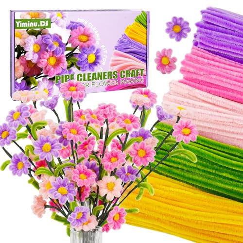 Yiminu.DS pfeifenreiniger Blumen Set Gänseblümchen pfeifenputzer zum basteln komplettes Set mit 250 Dicke Flauschige chenilledraht und Lernprogramm bastelset bastel Erwachsene, Rosa Lila