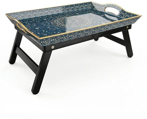Bed Tray Table with Folding Legs – Bohemian Blue Mandala Breakfast Tray for Bed, Sofa & Floor | Lightweight Foldable Lap Desk for Coffee, Tea & Snacks | 48.3 × 33cm Easy-Clean PP Surface with Pine Woo