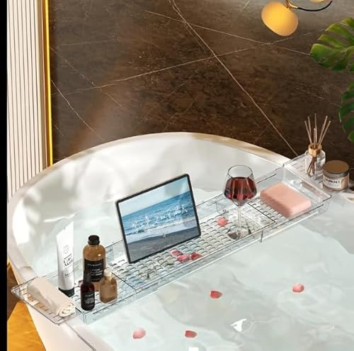 Truserv Acrylic Bathtub Caddy Retractable Tray for Bathroom Luxury Spa, Expandable Size Bath Tub Organizer with Anti-Slip Mat, Fits Most Bath Tubs. (Grey)