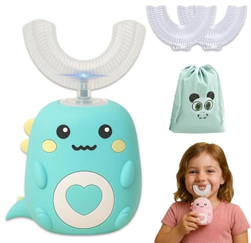Lulabini Dinobrush 360° Ultraschall-Zahnbürste, Dino Brush Zahnbürste Mit 3 U-Förmigen Silikon, Ultraschallzahnbürste Kinder Mit LED Licht Für Alter 7~12 Jahre Jungen,Mädchen (Grün,2–6 Jahre)