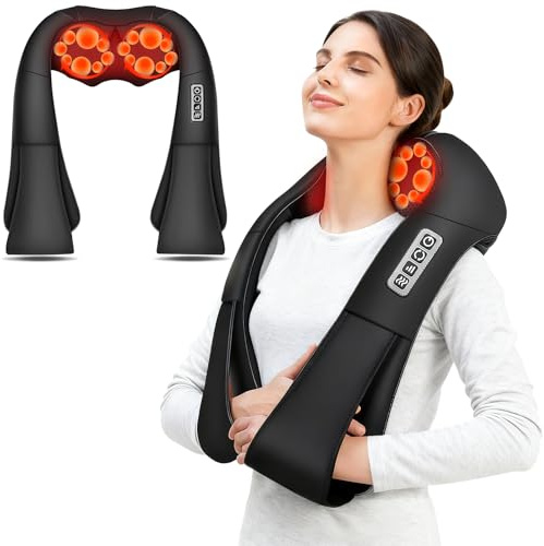 JUQG Masajeador para Cuello y Espalda, Aliviar el Dolor Muscular, Velocidad 3 Marchas, 16 Cabezales Masaje, Cronometrado en 15 Minutos, Masajeador de Tejido Profundo con Función de Compresa Caliente