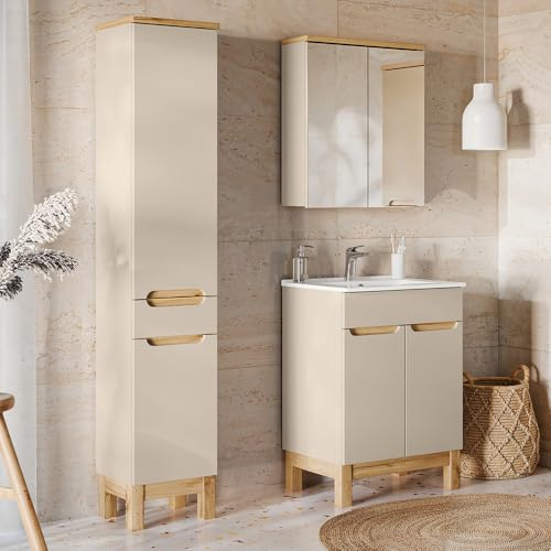 Lomadox Badmöbel-Set 3-teilig in Kaschmir und Eiche mit 60 cm Waschtisch, Spiegelschrank, Hochschrank - modern, grifflos, stehend
