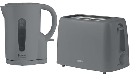 Tower Presto Kitchen Set, 1.7L 2200W Rapid Boil Kettle and 2 Slice Toaster with 6 Browning Levels, 650W, Grey, PT10053GRY & PT20087GRY