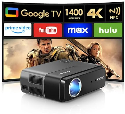 4K Google TV Projector, Portable Smart Auto Focus Projector with Wifi and Bluetooth NFC, 1400 ANSI, Voice Control, HDR10+, Dolby Audio, Full HD Home Theater, Outdoor Movie