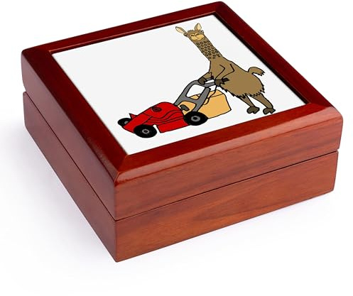 3dRose Funny Cute Llama Pushing Red Lawn Mower and Mowing Grass Jewelry Box 7 x 7 inch with 4 inch tile