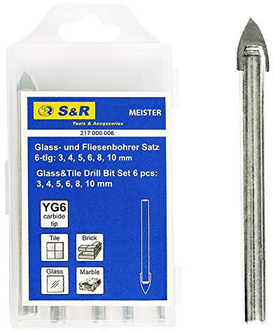 S&R Fliesenbohrer, Glasbohrer, Keramikbohrer Set, in Kunststoffbox 6 Stk: 3,4,5,6,8,10 mm, mit Rundschaft und Karbid Hartmetall Spitze