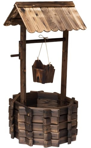 Outsunny Jardinière puits à souhaits en Bois avec Seau Suspendu | Élément de jardin, pot de fleurs extérieur, bois, pour décoration de jardin arrière