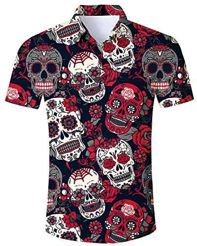 Goodstoworld Totenkopf Hawaii Hemd Männer Skull Hemd Coole Sommer Hawaiihemd Herren Casual Strand Kurzarm Hemden Halloween Kostüme Faschings Shirt L