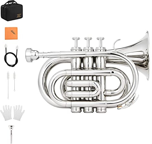 Eastar Pocket Trumpet B Flat for Beginners Students, Brass Trumpet Mouthpiece 7C, Cleaning Kit, Hard Case, Gloves, ETR-330N, Nickel