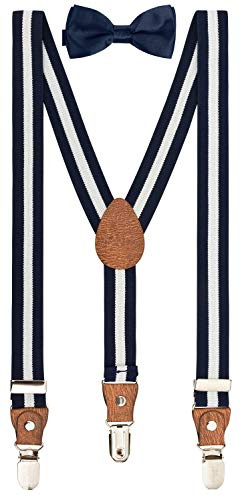 BomGuard Set bretelle e papillon per bambini – Blu scuro a righe larghe