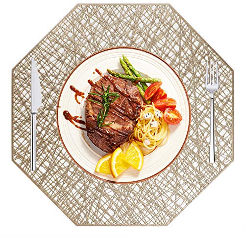 Manteles Individuales PVC Lavables Juego de 6, Antideslizante y Resistente al Calor de Vinilo Mantel Individual para Mesa de Comedor, Dorado