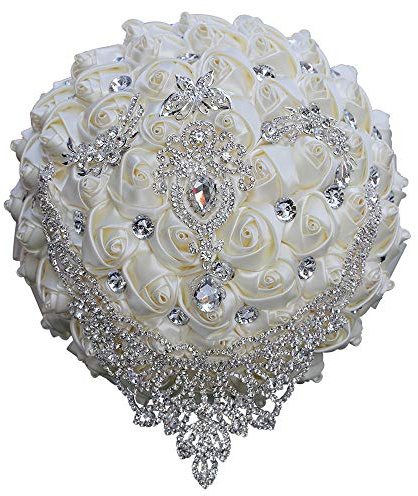 Qikegoods Handmade Luxury Wedding Bridal Bouquet Large Silk Rose Holding Toss Artificial Flowers Bouquets with Satin Ribbon Pearls Rhinestone for Bride Vintage Royal Wedding Bouquet Decor(Ivory)