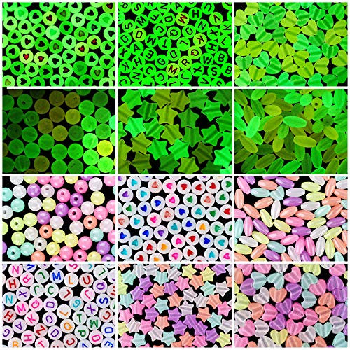 NBEADS Über 600 Stück Leuchtende Acrylperlen, Glow In The Dark 6 Styles Verschiedene Bunte Lose Acrylperlen Für Die Schmuckherstellung