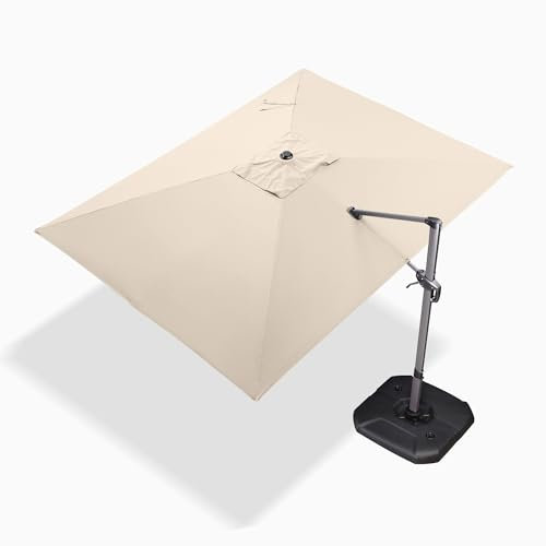PURPLE LEAF Ampelschirm Rechteckig Sonnenschirm Groß 270 x 350 cm 360-Grad Drehbar mit Fußpedal und Kreuzsockel für Terrasse, Balkon Sonnenschutz, Beige