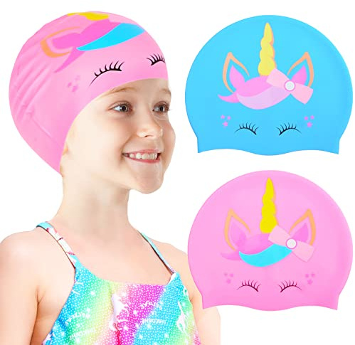 2 pcs Kids Swim Cap Silicone Swimming Cap for Boys Girls (Age 3-12) Cover Ears Waterproof Bathing Cap Keep Hair Dry Swimming Hat for Hair