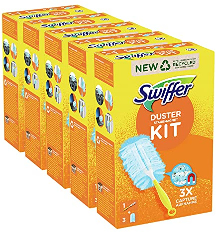 Swiffer Kit de eliminación de polvo, 5 unidades (5 mangos y 15 recargas), plumero polvo, atrapa y retiene el polvo
