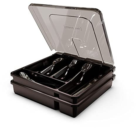 QINOL Besteckhalter mit Deckel, Doppellagige Utensilienablage mit Abdeckung, großer Besteck-Organizer, Kunststoff-Besteckbehälter für Küche, Schubladen, Arbeitsplatte, 10 Fächer, Schwarz