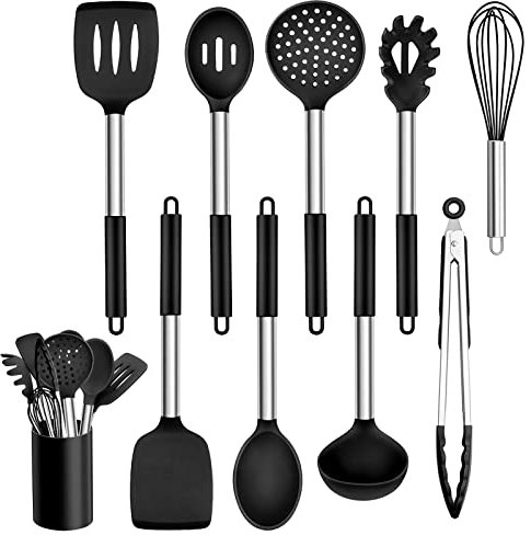 Küchenhelfer Set, Homikit 10 Stück Silikon Küchenutensilien Kochbesteck Set mit Edelstahlgriff, Antihaft Hitzebeständiger Schwarz Kochutensilien Set, Gesund, Spülmaschinenfest