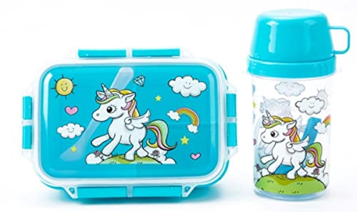 OM SUPPLIES Unicorn Sky Blue Sandwich Lunch Snack Box 3 Multi Compartment with Bottle 450ml Kids Children School (Unicorn Sky Blue)