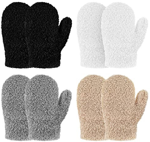 SATINIOR 4 Paar Kinder Winterhandschuhe Gestrickte Fäustlinge Weiche Kleinkind Fäustlinge Warme Kinder Fäustlinge Dehnbare Schnee Kleinkind Strickhandschuhe (Schwarz, Weiß, Khaki, Grau, 1-4 Jahre)