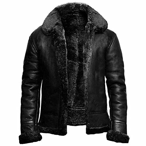 NLAVW Herren Flying Winter Jacket,Shearling Lederjacke Bomber Warm Filling Biker Motorrad Pelz Mantel Jacke,Schwarz,XL