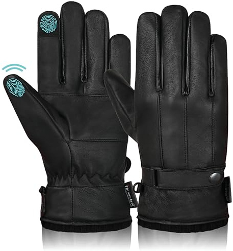 Hand Fellow Winter Leather Gloves for Men – Touchscreen-Enabled, Sheepskin Lining, Anti-Slip Grip, Weatherproof, Soft and Warm Black Gloves for Driving (button)
