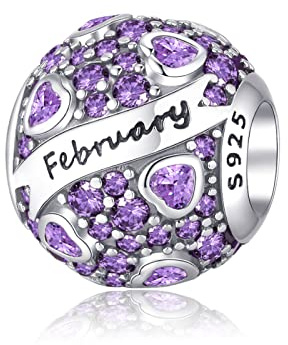 Symretie Geburtsstein Februar Charms Anhänger 925 Sterling Silber - Februar Birthstone Bead Charms Perlen Geburtstag mit Zirkonia für Europäische Armbänder Halsketten