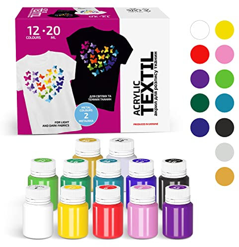 7 Artists Textilfarbe Waschmaschinenfest - 12 Stoffmalfarben Waschfest x 20 ml - Stoff Farbe für Kleidung, Schuhe, Jeans, Taschen, T Shirt Bemalen