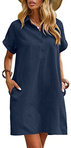 Zeagoo Sommerkleid Damen Leinen Kleider Knielang Casual Strandkleid Kurzarm Kleid Sommer Shirtkleider Freizeitkleid mit Taschen Blau XXL