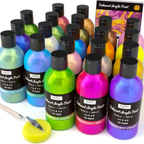 Nicpro 20 Farben irisierend Acrylfarbe, 20× 250 ml große Bulk-metallische Acrylfarben Set, Farbverschiebung & ungiftig Kunst Malerei Lieferungen für Leinwand Stoff Rock Holz mit Farbe Messer Farbrad